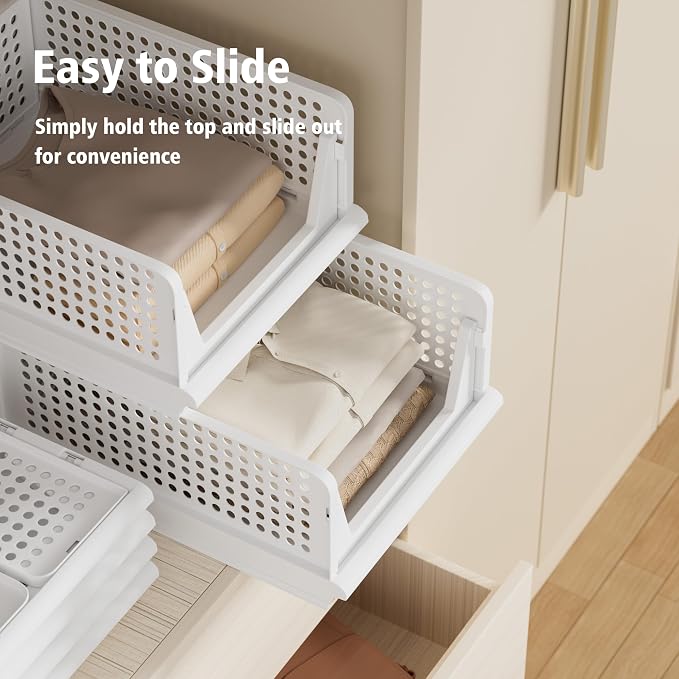 Proarea 5 Pack Stackable Plastic Storage Basket Closet Organizer Bin Foldable Clothes Organizer Storage Drawer Shelf Container for Living room Bathroom Kitchen Office (3L+2S), White, YG-3L2S - Image 5