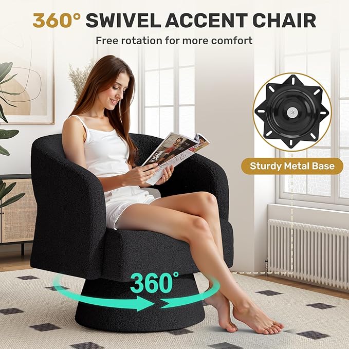 Nebuaegis Swivel Accent Chair, Modern Comfy Teddy Barrel Chairs, Oversized Upholstered Round Arm Chair for Living Room, Bedroom, Reading Room, Black, 1 PCS