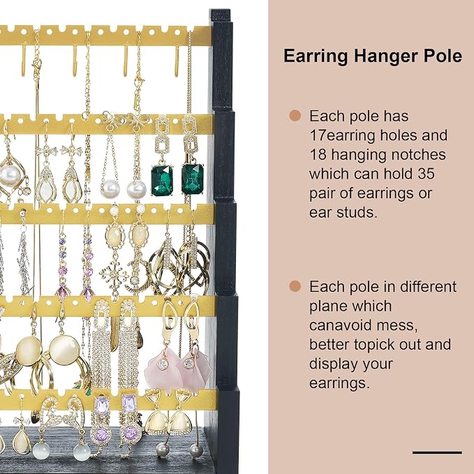 Pinzoveco Earring Organizer, 5 Layer Earring Holder Organizer with Metal Necklace Holder Pole, Rustic Wood Jewelry Organizer Stand Display for Stud Earring Bracelet Necklace Ring, 175 Earring Holes - Image 4