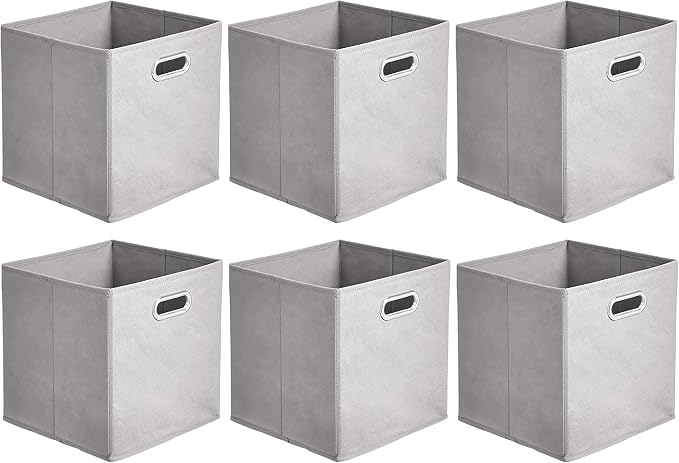 Amazon Basics Collapsible Cube Storage Bins, Space-Saving, Organizing Fabric Bins with Handles, 10.5 x 10.5 x 11 inches, Light Grey, 6-Pack by AmazonBasics