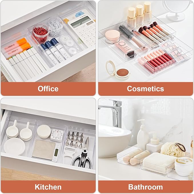 SMARTAKE 6 PCS Clear Plastic Drawer Organizers Set, Large Size Non-Slip Desk Drawer Organizer, Versatile Bathroom and Vanity Drawer Organizer Trays for Makeup, Bedroom, Office, Kitchen Utensils - Image 7