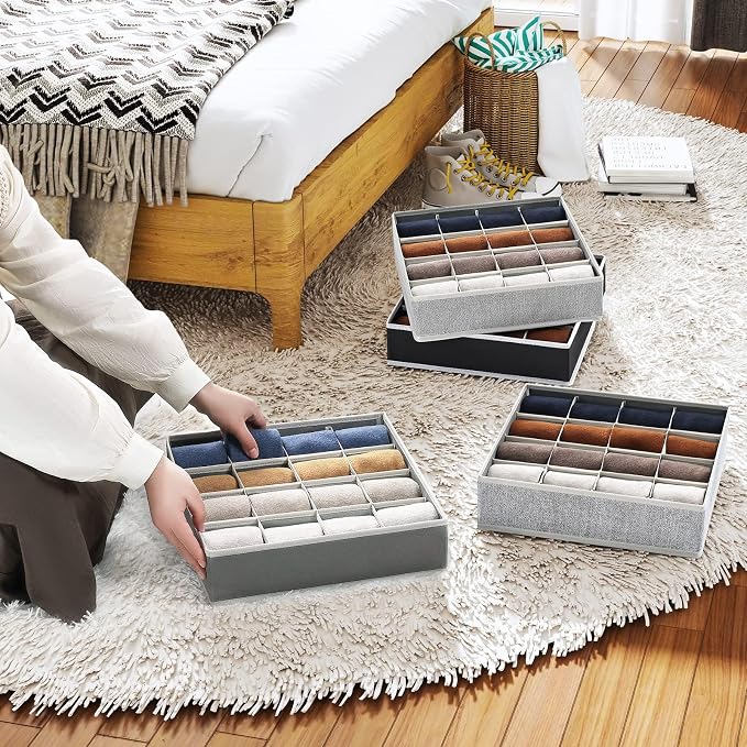 Joyoldelf Sock Drawer Organizer Divider Underwear Organizer 16-cell Fabric Dresser Drawer Organizers Storage Boxes for Socks Lingerie, Handkerchiefs, Ties 4 Pack (Blended-Grey) - Image 4