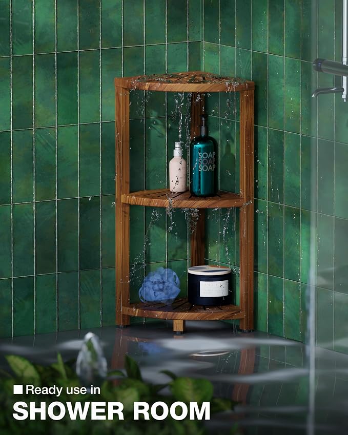 BLUEWEST 3-Tier Corner Shower Caddy Stand, Wood Shower Organizer Standing with Anti-Slip Feet, Waterproof & Durable Bathroom Corner Shelf, Space-Saving Design Storage for Kitchen or Living Room - Image 6