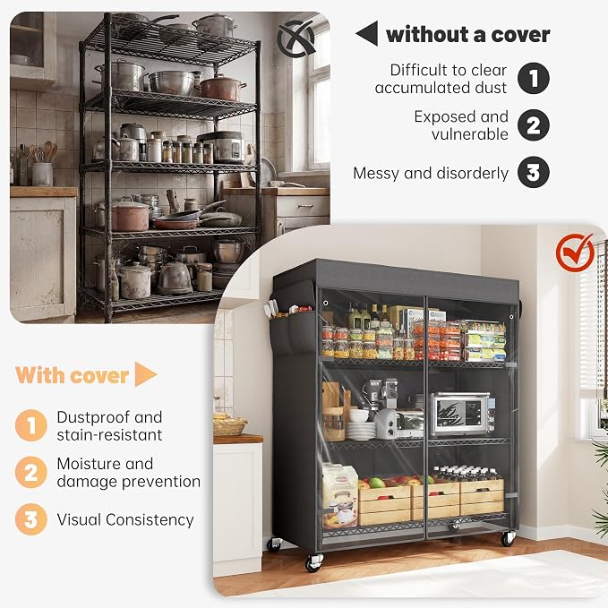 REIBII 4-Tier Storage Shelves Wire Shelving Unit with Cover & Wheels, Heavy Duty Metal Shelving for Dorm Storage Shelves, Garage Storage Rack Commercial Shelf, Pantry, Kitchen, 36" W*14.3" D*56.5" H - Image 3