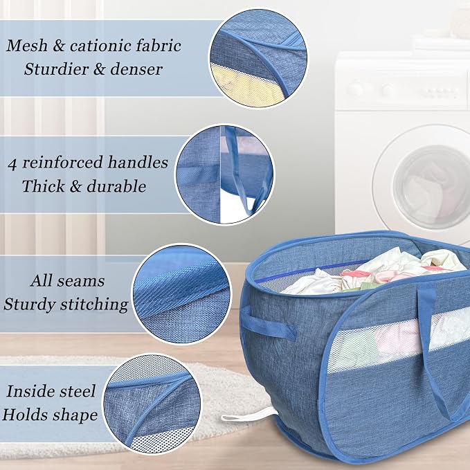 100L Mesh Pop Up Laundry Hampers with Handles, Extra Large Collapsible Laundry Baskets 2 Pack, Portable Travel Laundry Basket, Dirty Clothes Hamper Light Breathable, Bule. 2H - Image 5