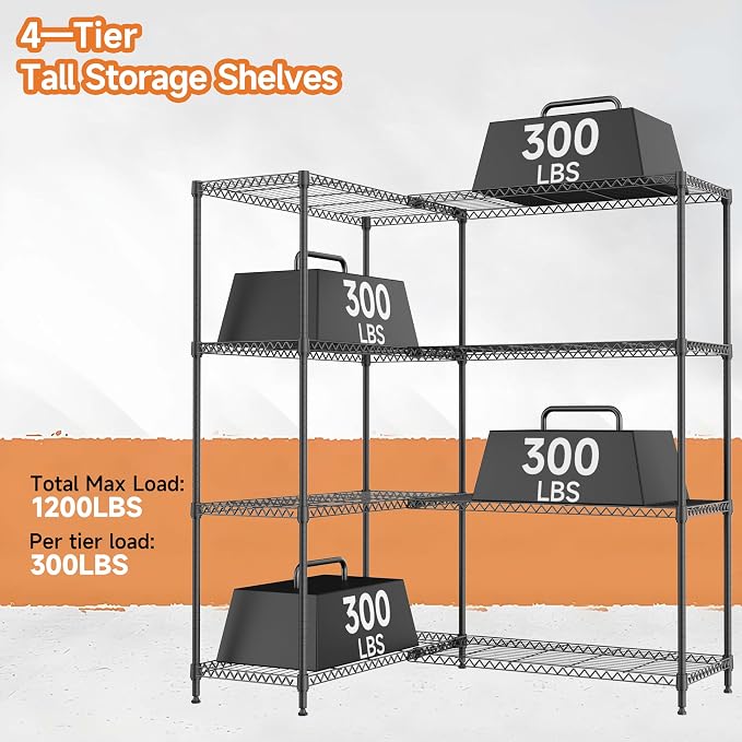M MZG 4 Tiers Storage Shelves Load 1200LBS, Metal Shelving Wire Metal Shelving Unit Shelves for Storage Adjustable Garage Shelving for Pantry Kitchen Garage Black 15.8" D x 33.5" W x 59.5" H - Image 4