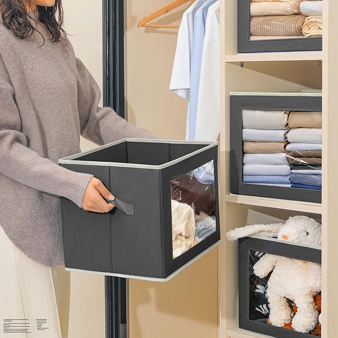 Homsorout Stackable Storage Bins with Lids - Large Storage Box with Lids, Foldable Closet Boxes for Organizing, Wardrobe Clothes Organizer with Window, Cubes Bins for Living Room, 4 Pack, Dark Grey - Image 5