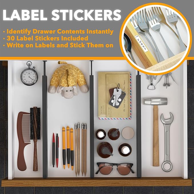 SpaceAid 4 Pack Bamboo Drawer Dividers with Labels, Kitchen Adjustable Drawer Organizers, Expandable Organization for Home Clothes Dressers (17-22 in, Black) - Image 4