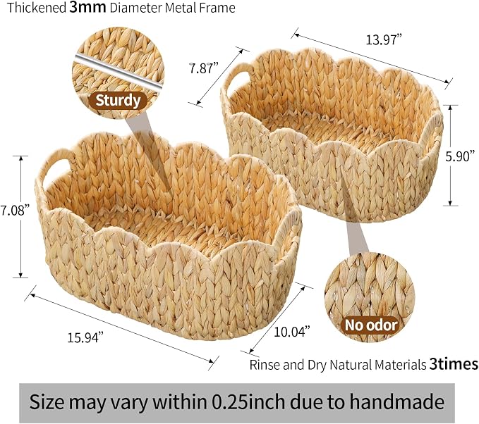 Coeusy Scalloped Basket Set of 2,Water Hyacinth Basket for Organizing and Decor,Hand-Woven Wicker Storage Baskets with Built-In Handles for Nursery,Gift,Laundry - Image 4