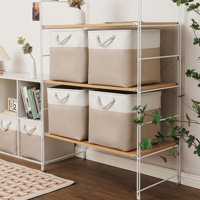 MidmmVick 13 x 13 Inch Cube Storage Bins, 6 Pack Extra Large Collapsible Fabric Storage Bin with Ropes, Foldable Storage Cubes for Home (White & Beige-13"x13"x13") - Image 2