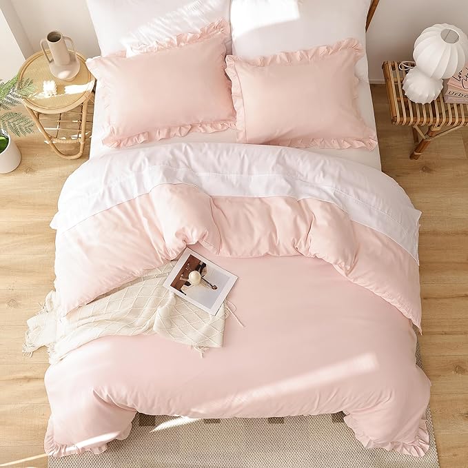 JANZAA Twin Comforter Set Pink Beding Set 2PCS (1 Ruffled Comforter Set and 1Pillow case) Fluffy Vintage Farmhouse Shabby Chic Bedding Soft All Season