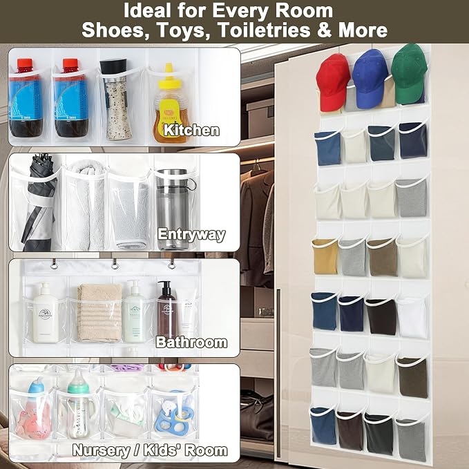 Over the Door Shoe Organizer with 24 Crystal Clear Pockets and Metal Hooks – Heavy Duty Hanging Shoe Storage Rack for Closet, Bathroom, Dorm – Space Saving for Shoes, Accessories, Toys (White) - Image 3