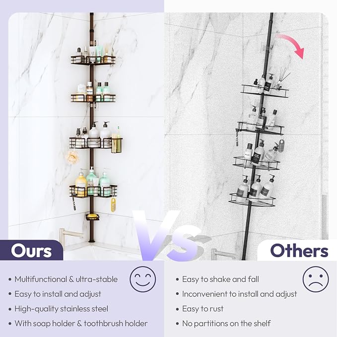 SWTYMIKI Shower Caddy Tension Pole - 4-Tier Corner Shower Organizer Tension Rod with Soap Holder, Toothbrush Holder & 4 Hooks, Adjustable Stainless Steel Bathroom Organizer 27.6 to 108.3 inch, Bronze - Image 2