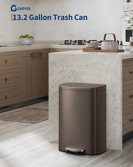 Garvee 13 gal (50 L) and 2.6 gal (10 L) Metal Trash Can Combo Set, Rustproof Garbage Can with Lid, Step-on Trash Bin with Inner Bucket, Rear Handle, Brown - Image 2