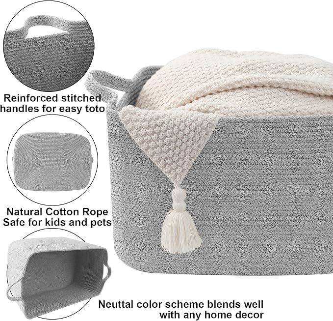Large Blanket Basket,Woven Rope Basket Storage Bin with Handles,65L Rectangle Laundry Basket for Magazines,Toys,Clothes,Newspaper Shelf Organization,Nursery and Living Room,Grey - Image 3