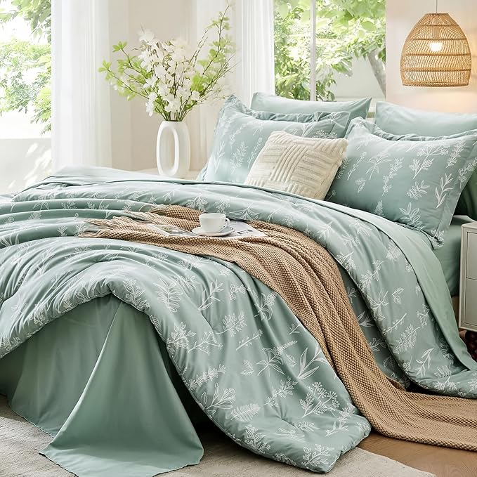 MUXHOMO King Comforter Set 7 Pieces, Sage Green Elegant Floral Print Bed in a Bag King, Ultra Soft & Breathable Reversible Botanical Pattern Bedding Set with Comforter, Sheets, Pillowcases, and Shams
