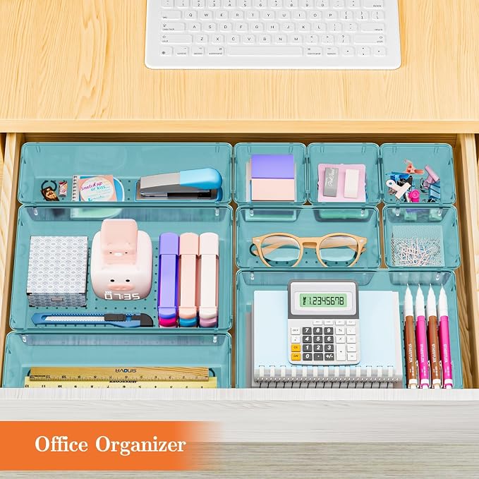 SpaceHacks 25 PCS Plastic Drawer Organizer Set, 4-Size Versatile Organizer Trays & Storage Bins for Makeup, Jewelry, and Gadgets in Bathroom, Bedroom and Office, Sea Blue - Image 7