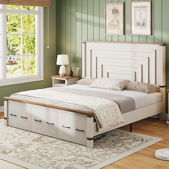 AMERLIFE 5-Piece Farmhouse Bedroom Set, Rustic Wood King Bed Frame with 51" Tall Headboard, 6-Drawer Dresser, 5-Drawer Tall Chest, Nightstands Set of 2 with Charging Station, White