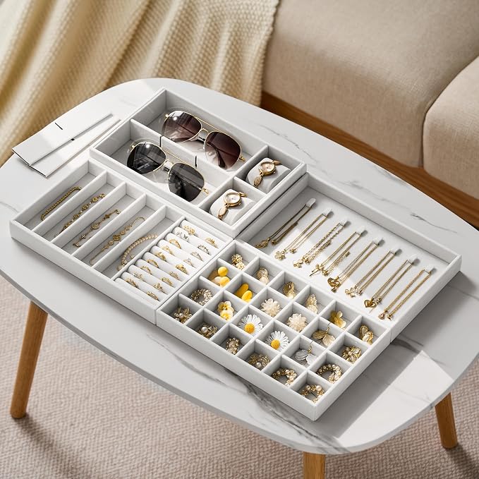 Velvet Jewelry Drawer Organizer Trays – Large White Stackable Jewelry Storage Inserts Set, 4-Layer Jewelry Tray Set for Earrings, Rings, Necklaces, Bracelets with Removable Dividers for Dresser,Vanity - Image 6