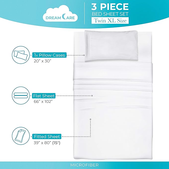 DREAMCARE Twin XL Sheet Sets – 3pcs Cooling Sheets – up to 15” Deep Pocket Twin XL Sheets Set – Hotel Luxury Sheets & Pillowcases – Superior Softness 100% Fine Microfiber with Side Pocket – White