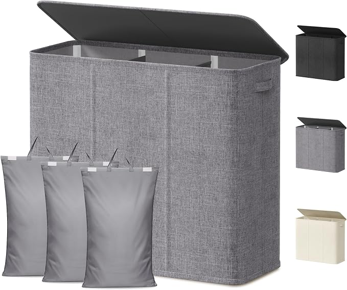 Lifewit Triple Laundry Hamper with Lid and Removable Laundry Bags, Large Collapsible 3 Dividers Dirty Clothes Basket with Handles for Bedroom, Laundry Room, Closet, Bathroom, College, 180L Light Gray by Lifewit