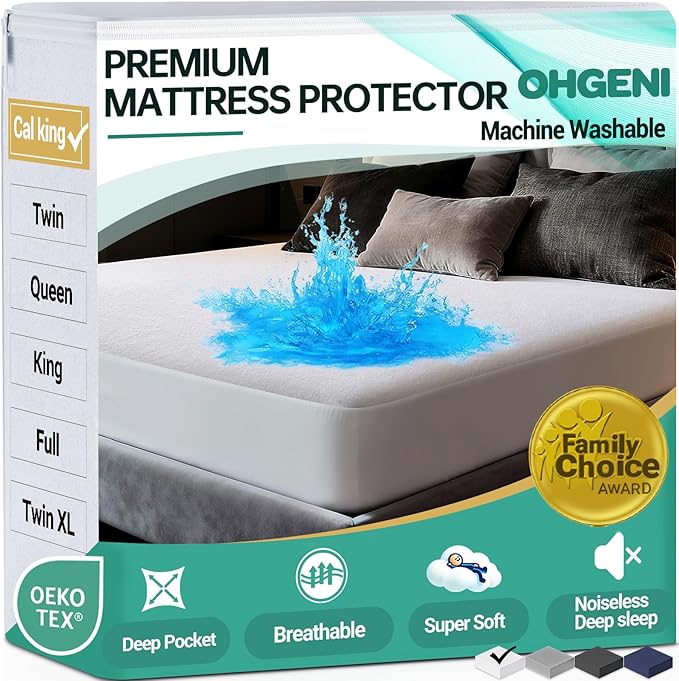 OhGeni Waterproof Mattress Protector, California King Size Fitted Sheet with Deep Pocket,6''-18'' Washable Hypoallergenic Mattresses Cover,Noiseless Soft Mattress Pad,Comfort for 6'3",Pee & Dirt-proof