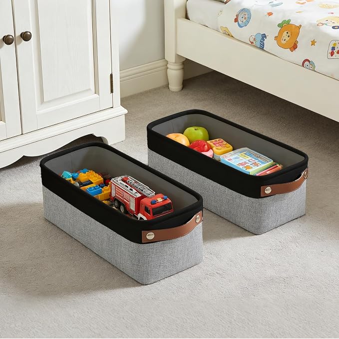 Bagnizer Small Fabric Storage Baskets, 15x6x5 inch Narrow Storage Bins 4-Pack Long Storage Basket for Organizing with Handles, Decorative Basket for Closets, Shelves, Toilet Paper, Grey - Image 2