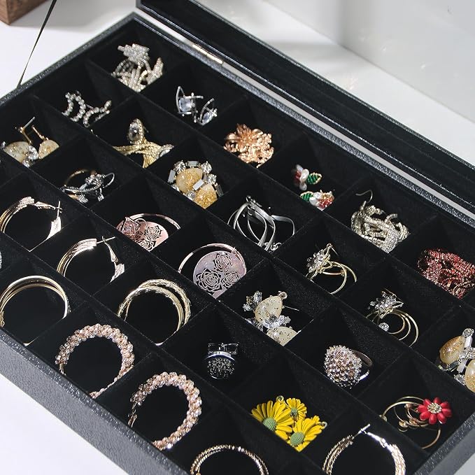 Coward Ring Earring Jewelry Organizer Box, 35 Grids Dustproof Display Holder Case, Black Velvet Jewelry Bead Display Tray Case with Transparent Glass Lid for Momen Girls - Image 2