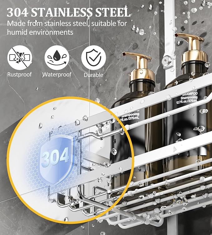OMAIRA Shower Caddy Hanging with Soap Scrub Holder, Stainless Steel Adjustable No Drilling Non-Slip Large Capacity Sturdy Over Shower Head Shower Organizer Inside Shelves Bathroom Storage Rack, White - Image 3