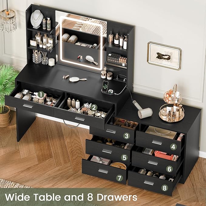 FIONESO Vanity Desk with LED Light Mirror & Power Outlet, 8 Drawers, 6 Storage Shelves, 3 Color Modes & Adjustable Brightness Makeup Vanity, Corner Vanity, L Shape Vanity, 39.4”-64.9" Desk, Black