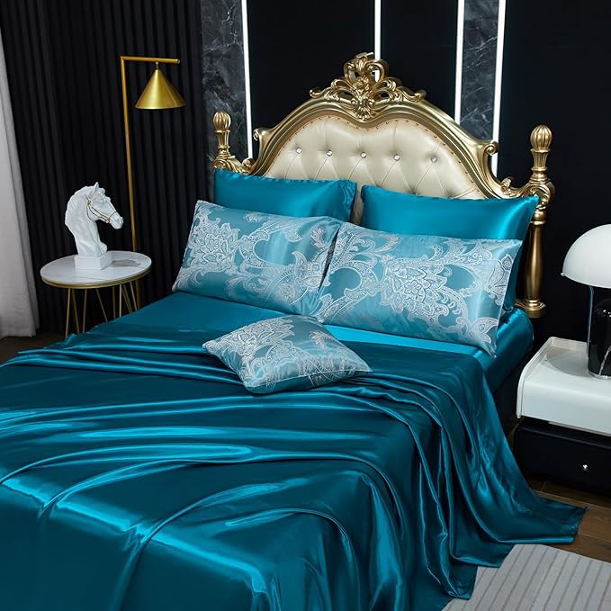 Green Comforter King Jacquard Bedding with Peacock Green Satin Sheet Set 8 Pcs Royal Embroidery Neoclassical Floral Home Decor Soft Luxury Hotel Bed in a Bag with 1 Cushion Cover