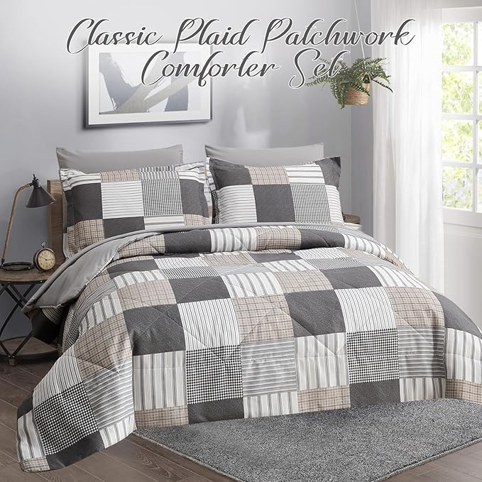 Comforter Set King Size Plaid Patchwork Comforter Bedding-7 Piece Bed in a Bag,Soft Fluffy Reversible Microfiber Bedding Set(1 Comforter,1 Flat Sheet,1 Fitted Sheet,2 Pillowcases,2 Pillow Shams),Grey