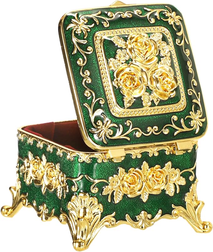 Hipiwe Vintage Jewelry Box Small Trinket Storage Organizer Box Gold Metal Chest Ring Case Treasure Chest Square Keepsake Boxes for Earrings Necklace Gift for Women,Green - Image 8
