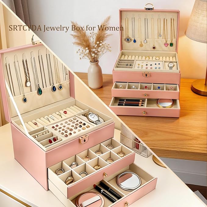 SRTCYDA Jewelry Box for Women, Large PU Leather jewelry organizers and storage, 3-Layer Jewelry Storage with 2 Drawers, Space-Saving Design for Vanity, Holds All Types of Jewelry (Pink) - Image 7