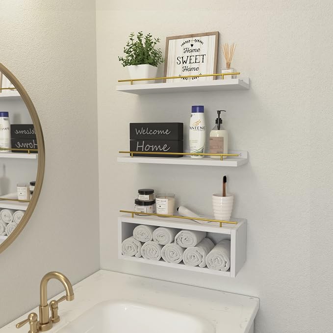 WOPITUES Floating Shelves for Wall with Cube Shelf, Wall Shelves with Metal Rail for Decor, Bathroom Organizers and Storage, Over Toilet Shelves for Bathroom, Toilet Paper-White&Gold - Image 2