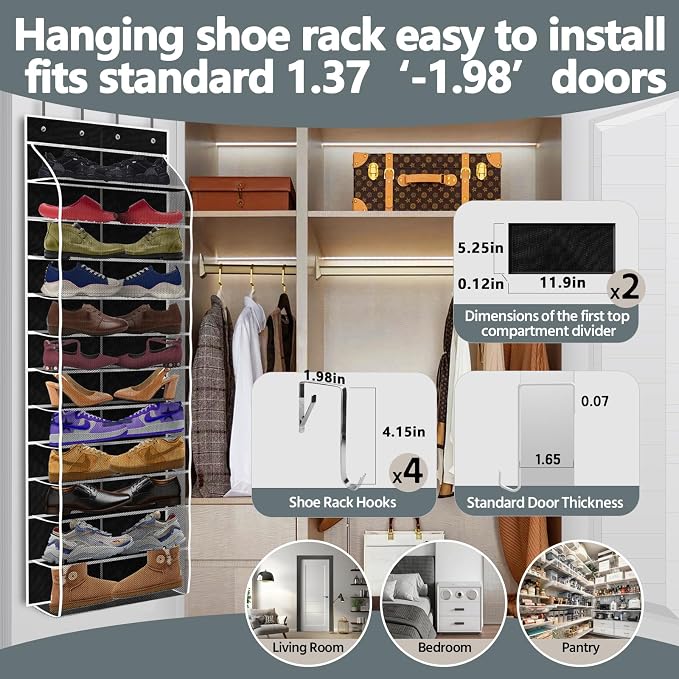PAULONE 12 Pocket Over the Door Shoe Organizer,Reusable Breathable Large Mesh Bag Men's & Women's Sneaker Organizer,Shoe Organizer for Kids,Hanging Shoe Storage Hanging Bag (Black) - Image 5