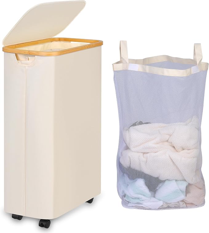Laundry Basket with Wheels, 75L Beige Clothes Hamper for Laundry, Laundry Hamper with Lid and Inner Bag, for Laundry Room, Bedroom, Dormitory Storage,Beige by iEGrow