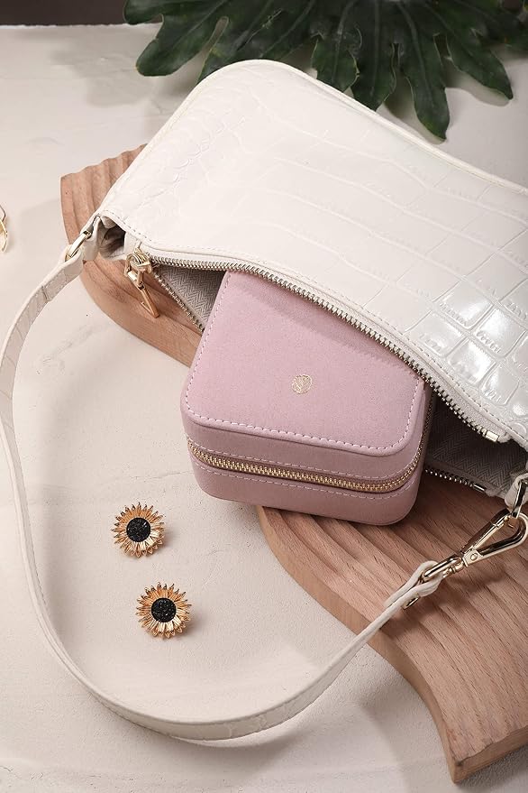 S.Leaf Travel Jewelry Organizer Boxes for Women Small Portable Necklace Earrings Bracelet Rings Travel Case Best Friend Birthday Gifts for Women Trendy (05_Suede_Touch_Dust_Pink) - Image 7