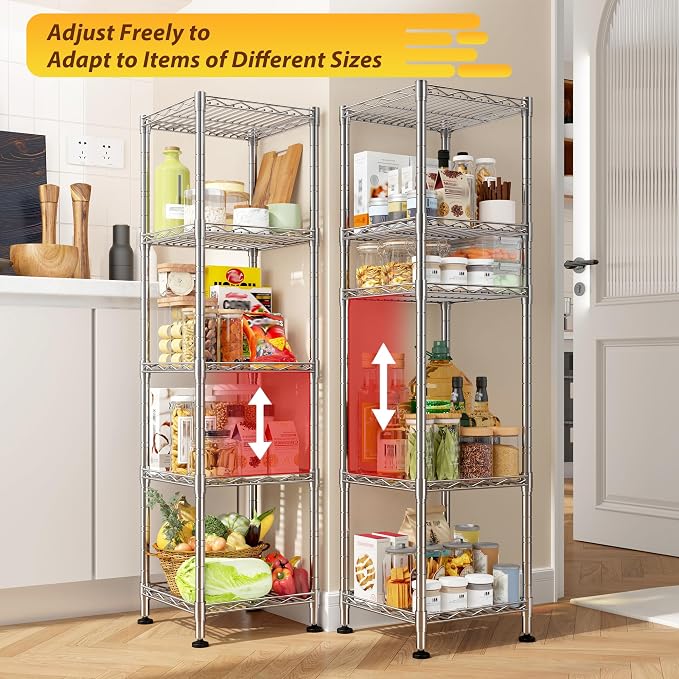 DurayLoly Set of 2 Metal Shelving-5 Tier Storage Shelves:AdjustableShelving and Units Standing Shelving Storage Rack Narrow Shelf for Kitchen Pantry Closet Office 12''Wx12''Dx49''H Chrome - Image 4