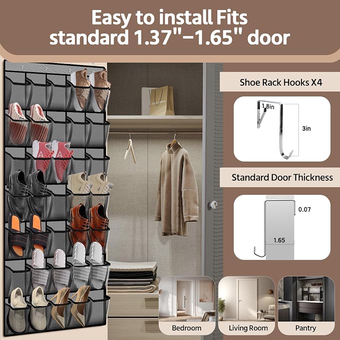 PAULONE 35 Pocket Over the Door Shoe Organizer,Reusable Breathable Large Mesh Bag Men's & Women's Sneaker Organizer,Shoe Organizer for Kids,Hanging Shoe Storage Hanging Bag (2PCS-Gray) - Image 4