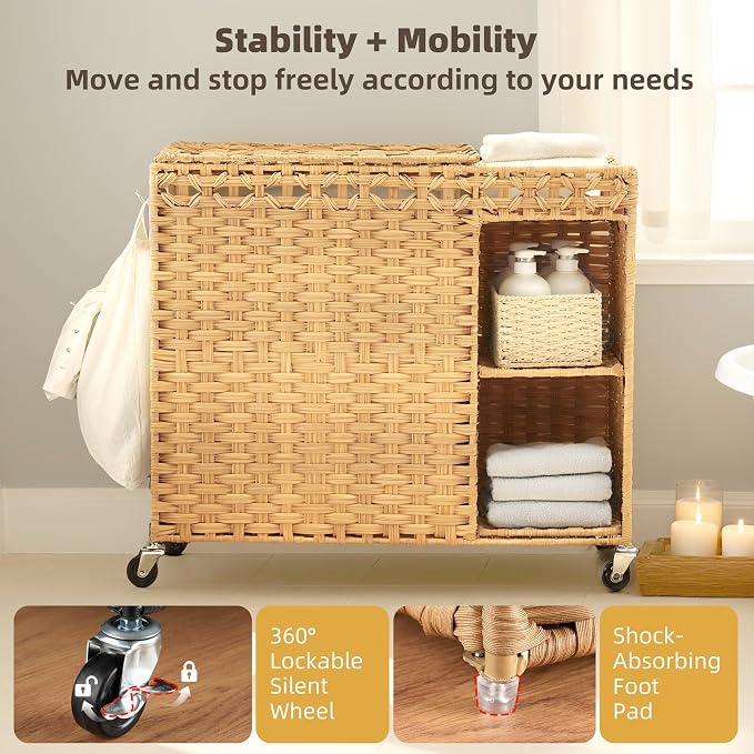 Laundry Hamper with Lid, 160L Rattan Wicker Laundry Basket with Wheels, Handwoven Laundry Hamper 2-Section with Storage shelf(42.3 Gal), Laundry Sorter Basket with Removable Liner, Natural HLH032N - Image 4