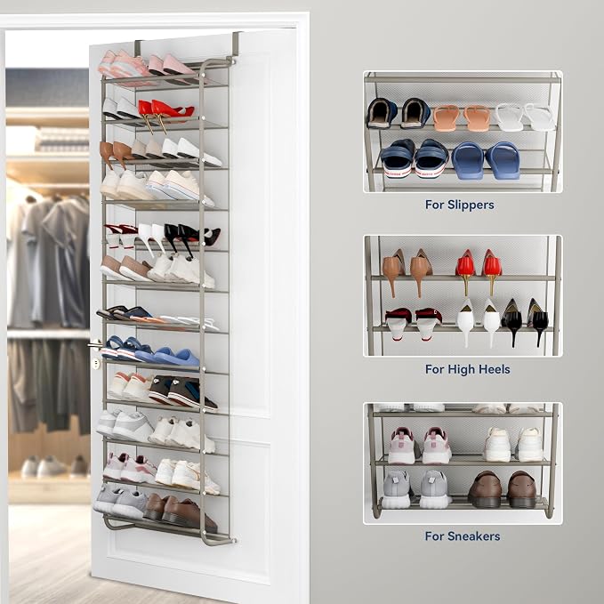 Whitmor 36 Pair Over The Door Shoe Organizer, 12 Tier Hanging Shoe Organizer, Heavy Duty Metal & Mesh Shoe Holder, Hanging Shoe Rack for Closet Organizer & Storage, 69"L x 21.7"W x 7.5"H, Mocha - Image 5