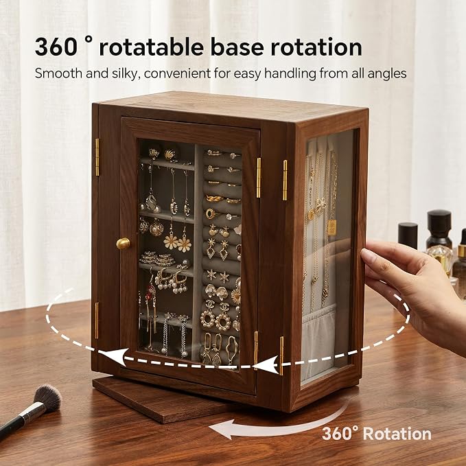 Wooden Jewelry Box for Women, 360 Rotating Design,Large Jewelry Organizer with Velvet Lining, 5 Drawers, Transparent Glass Doors, Black Walnut Wood Grain, Jewelry Storage Organizer - Image 2