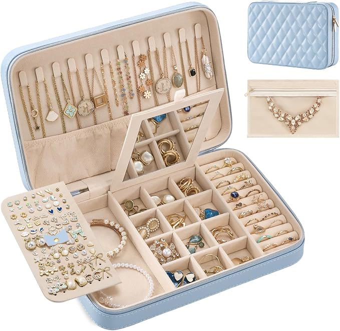 Lolalet Travel Jewelry Case for Women Girls, Travel Jewelry Organizer Box with Mirror & Clear Storage Bag, Small Portable Earring Necklace Bracelet Ring Case, Birthday Valentine Gifts -Large, Blue by Lolalet