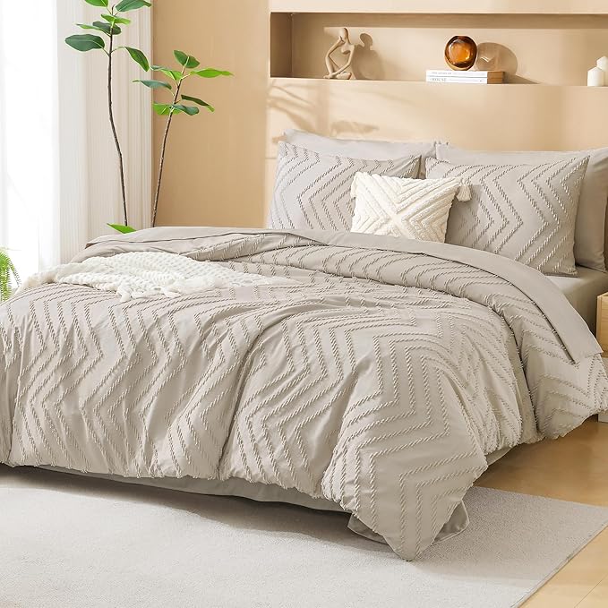 Litanika Oversized King Comforter Set with Sheets 120x120, 7 Pieces Super King Bed in a Bag Boho Tufted Bedding Comforter Sets Oatmeal