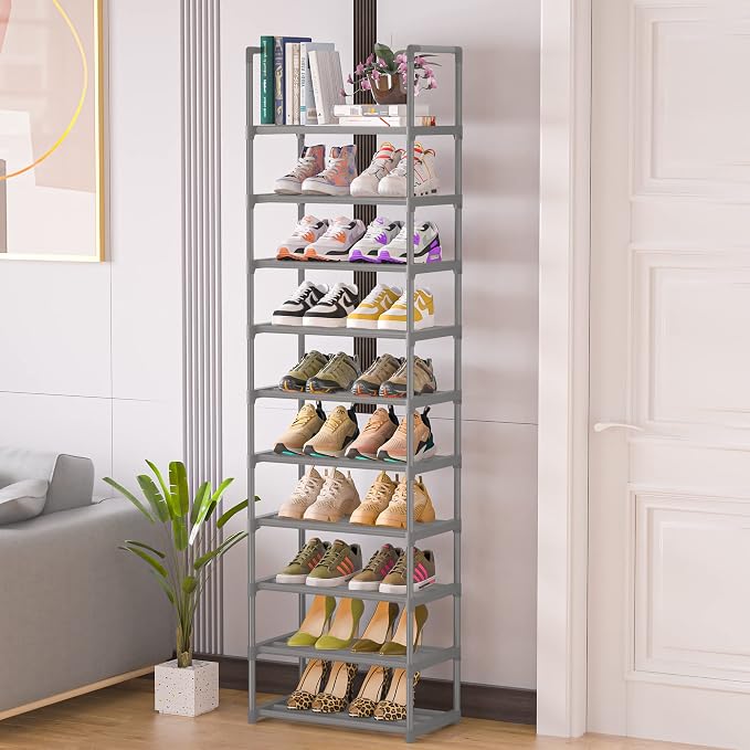 OYREL 10-Tier Metal Shoe Rack, Narrow Shoe Rack Organizer, Sturdy Shoe Shelf for Closets, Entryway, Bedroom, Garage - Silver - Image 4