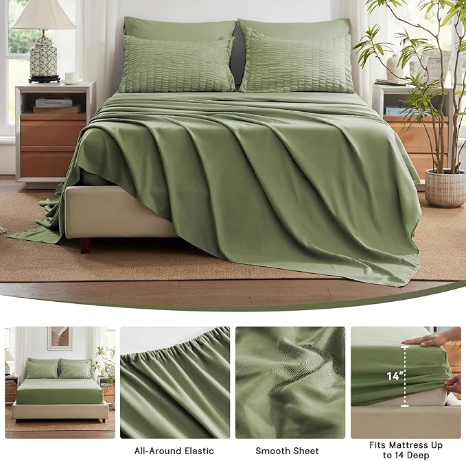 Zzlpp Full Comforter Set 7 Pieces, Olive Green Seersucker Bed in a Bag with Comforter and Sheets, All Season Bedding Sets with 1 Comforter, 2 Pillow Shams, 2 Pillowcases, 1 Flat Sheet, 1 Fitted Sheet