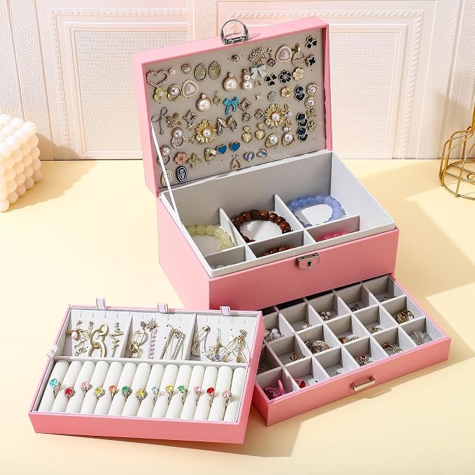 BOOVO Earring Jewelry Box For Women Girl Stud Organizer, 5 Layers Girl Jewelry Organizer Box With Lock Earring Holder Organizer Necklace Ring Jewelry Organizer Box For Girls (Pink) - Image 5