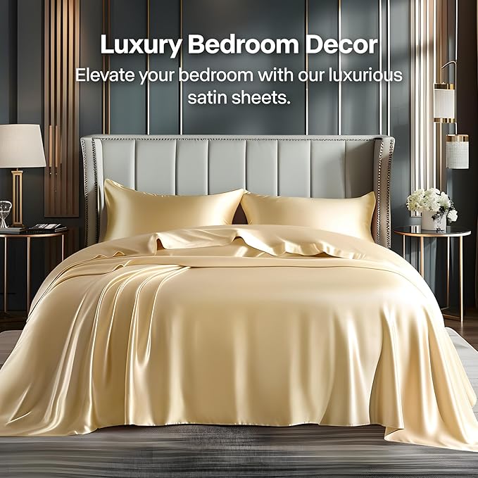 BEDELITE Satin Sheets Full Size Bed Set, Luxury Soft Champagne Silky Sheets for Hair and Skin, Similar to Silk Bed Sheets Set 4 Pieces with 1 Deep Pocket Fitted Sheet, 1 Flat Sheet, and 2 Pillowcases