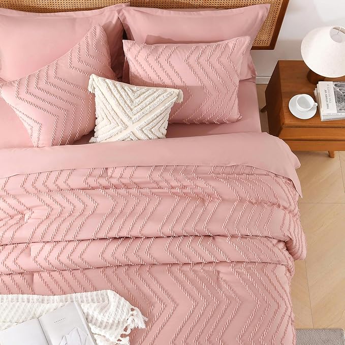 Litanika Blush Pink King Size Comforter Set with Sheets - 7 Pieces Bed in a Bag King Boho Tufted Complete Bedding Sets with Comforter, Sheets, Pillowcases & Shams